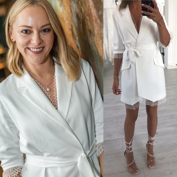 Rime Arodaky Jax Mini Dress Belted Lace Trimmed Crepe Wrap White Size US 6 FR 38 - Picture 1 of 16